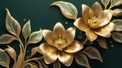 3d dark green background decorated with gold flowers