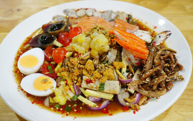 Close up shot of fresh seafood spicy salad