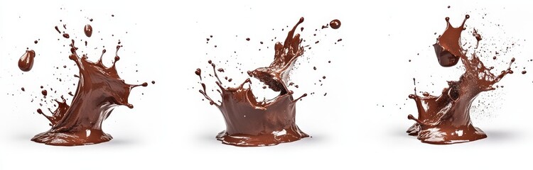 Three dynamic splashes of rich, dark chocolate against a clean white background.