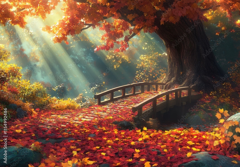 Aufkleber serene autumn landscape with bridge over tranquil stream surrounded by colorful leaves and sunlight 