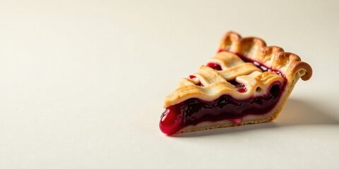 Fototapeta premium A delectable slice of homemade cherry pie, showcasing a lattice crust and rich berry filling, rests on a pristine white surface