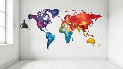 Artistic Watercolor World Map Wall Decor in a Modern Room