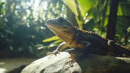 Obraz premium Close-Up of a Colorful Lizard Resting on a Rock Surrounded by Lush Green Foliage in a Tropical Environment, Highlighting the Beauty of Nature's Wildlife