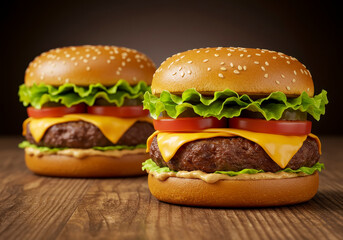 Delicious homemade burger used to chop beef. on the wooden table.
