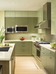 Modern Olive Green Kitchen With Stainless Steel Appliances