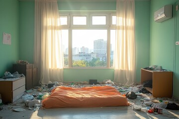 Messy room with orange bed and sunlight filtering through large windows in an urban setting