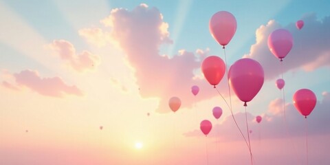 Fototapeta premium Pink Balloons Ascending in a Pastel Sunset Sky, a Dreamy and Serene Scene of Gentle Uplift and Joyful Celebration