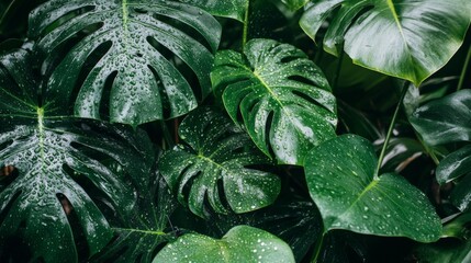 Fototapeta premium Close-up View of Monstera Leaves with Water Droplets Showcasing Lush Greenery in a Tropical Environment for Nature and Plant Enthusiasts