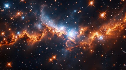 Fototapeta premium Cosmic Nebula with vibrant orange and blue hues, stars, and gas clouds.