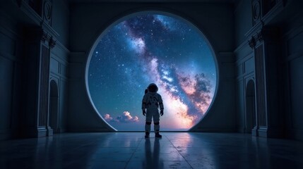 Astronaut Contemplates the Cosmos Through a Grand Celestial Window in an Elegant Hall