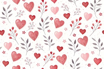 Background pattern with pink, red hearts and leaves. Design for love card, poster, print and banner. For making colorful cartoons. Uses for upcoming valentine's day.