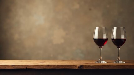 Two glasses of red wine on rustic wooden table against a textured background
