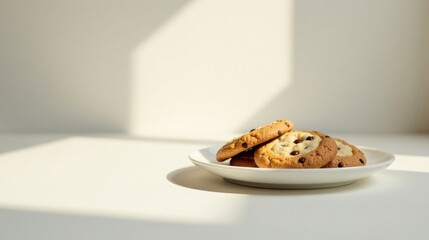 A plate of freshly baked chocolate chip cookies basking in sunlight, a simple yet delightful treat