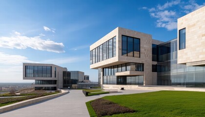A building with a large glass window and a balcony