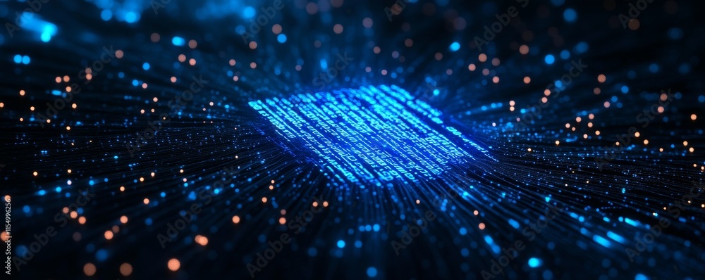 Poster abstract digital data streams converging on a central glowing blue core.