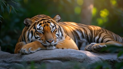 Majestic Bengal Tiger Relaxing in Lush Greenery with Soft Light Filtering Through Trees, Showcasing Stunning Stripes and Peaceful Serenity in Nature