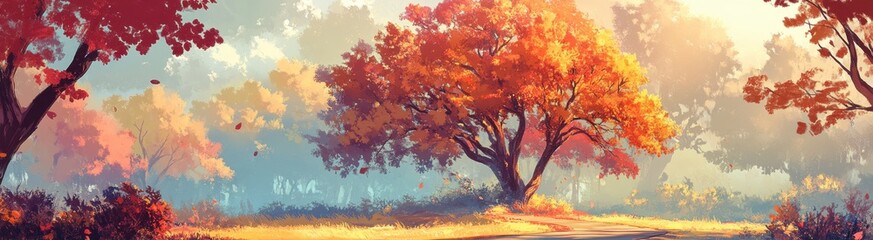 Serene Autumn Landscape with Vibrant Trees Illuminated by Sunset Glow, Capturing the Essence of Nature's Beauty in a Tranquil Setting