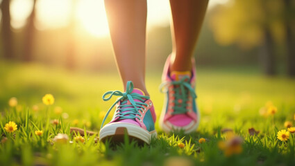 Feet in multicolored sneakers walking on a lush green lawn with yellow flowers.Spring illustration of joy, energy and healthy lifestyle