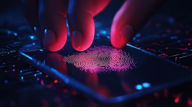 Biometric security network, privacy data protection. Woman fingerprint identification on mobile phone to access personal financial data, mobile banking app, cybersecurity technology , 8k Resolution 