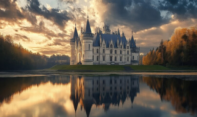 Fototapeta premium At sunrise, the castle by the lake is reflected in the lake