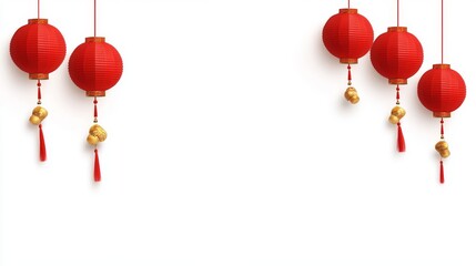 Hanging red Lunar New Year lanterns on plain white backdrop