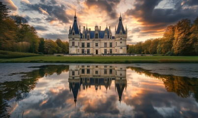 Obraz premium At sunrise, the castle by the lake is reflected in the lake