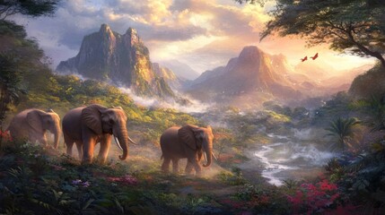 Majestic Elephants Walking Through Vibrant Jungle Landscape Under a Colorful Sky with Mountains and Lush Foliage in a Serene Nature Scene
