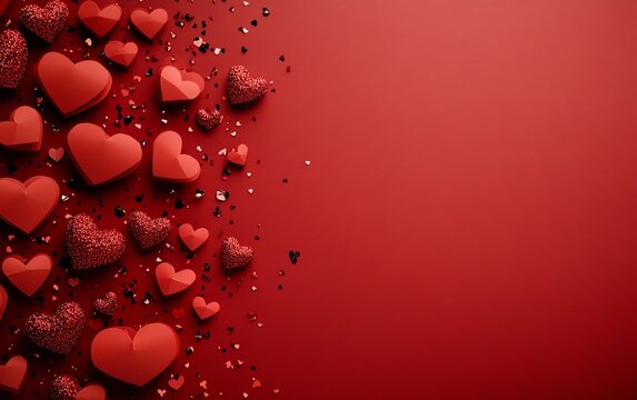 Festive red Valentines Day vertical background with paper hearts, mini envelopes, and scattered heart confetti, embodying romance and joy