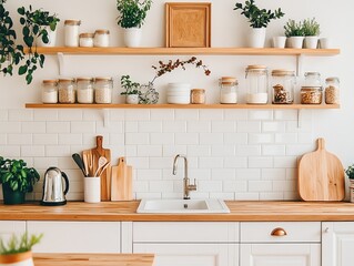 Fototapeta premium Modern Kitchen Shelves Decorated With Plants And Jars