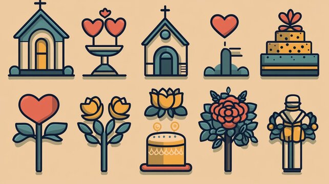Set of cartoon church and floral icons with a vintage touch