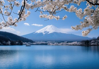 Fototapeta premium Serene Lake View of Snow-Capped Mountain with Cherry Blossom Trees Under Clear Blue Sky in Japan's Natural Landscape