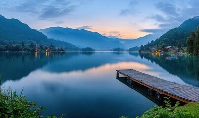 Obraz premium High mountain lake, wooden boardwalk extending into the center of the lake