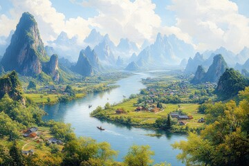 Fototapeta premium Bird's-eye view of the Guilin landscape, featuring rice fields, small villages, winding river, and green mountains under a blue sky.