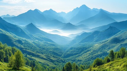 Fototapeta premium Misty mountain range with green valleys and peaks.