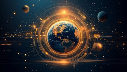 Obraz premium Futuristic Earth surrounded by digital rings and planets.