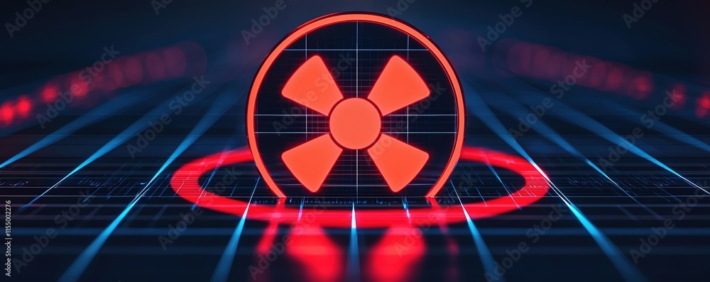 Poster radiation monitoring data concept. neon radioactive symbol on a digital grid background.