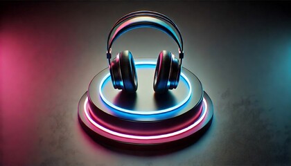 speaker, phone, headphones -  hovering over a round, circular base