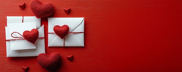 Vertical Valentines Day design with white envelopes sealed with red hearts and string, set on a bold red background for a passionate and loving vibe