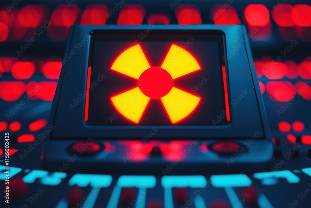 Poster radiation monitoring data concept. radiation symbol illuminated on a digital control panel.