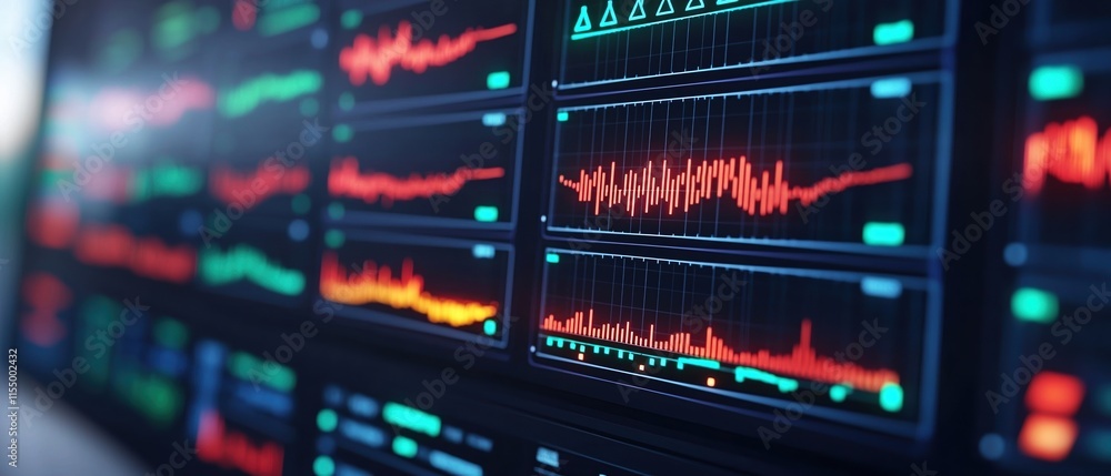 Poster radiation monitoring data concept. visual display of sound waves and data analytics in vibrant color