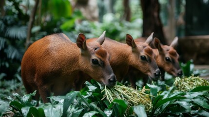 Three Small Herbivores Grazing on Lush Green Foliage in a Tropical Environment Surrounded by Dense Foliage, Capturing the Beauty of Wildlife in Nature