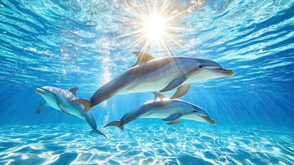 Obraz premium dolphins swimming underwater with sunlight, underwater dolphins and sunrays, dolphins playing in crystal clear underwater light ,dolphins tropical marine life with playful dolphins