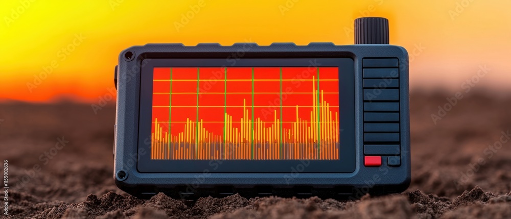 Poster radiation monitoring data concept. portable device displaying sound waves against a sunset backdrop.