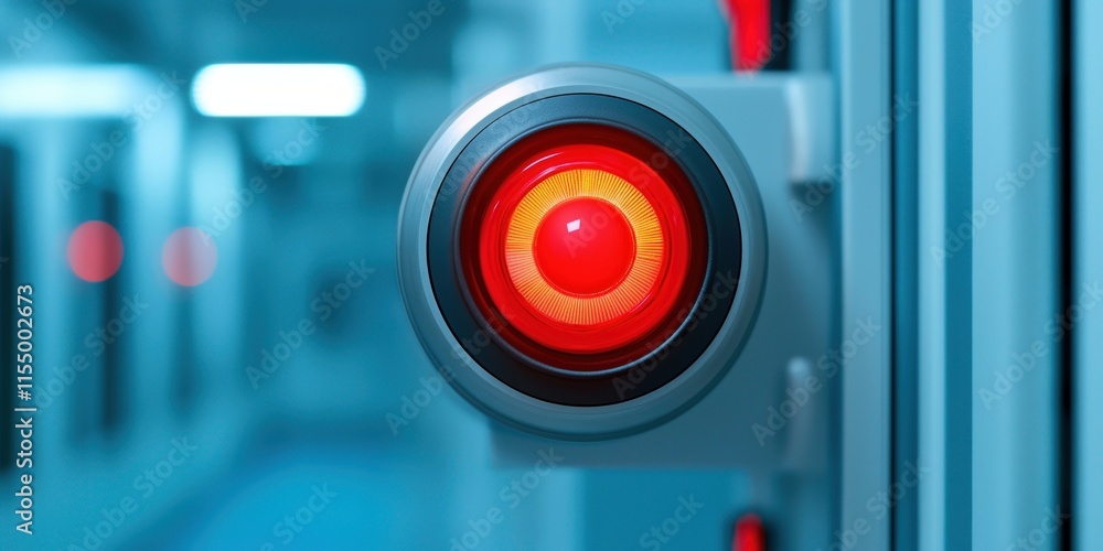 Poster radiation monitoring data concept. red warning light in a futuristic corridor environment.