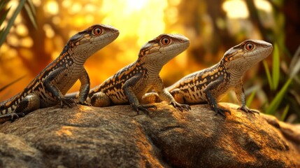 Naklejka premium Trio of Colorful Lizards Resting on a Rock Amidst a Golden Sunset in a Lush Natural Habitat, Showcasing Their Intricate Patterns and Unique Features
