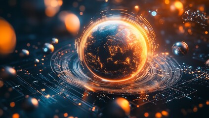 Glowing Earth encircled by digital rings.