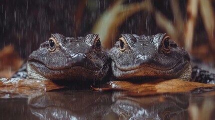 Fototapeta premium Two Amphibians Resting Together Under Rainfall Amidst Autumn Leaves, Showcasing Nature’s Beauty and The Uniqueness of Rainforest Wildlife