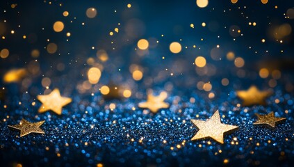 Sparkling gold stars on blue glitter background.