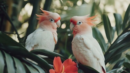 Two Beautiful Cockatoos Sitting Among Lush Green Plants and Colorful Flowers in a Tropical Environment, Showcasing Their Unique Feathers and Playful Behavior