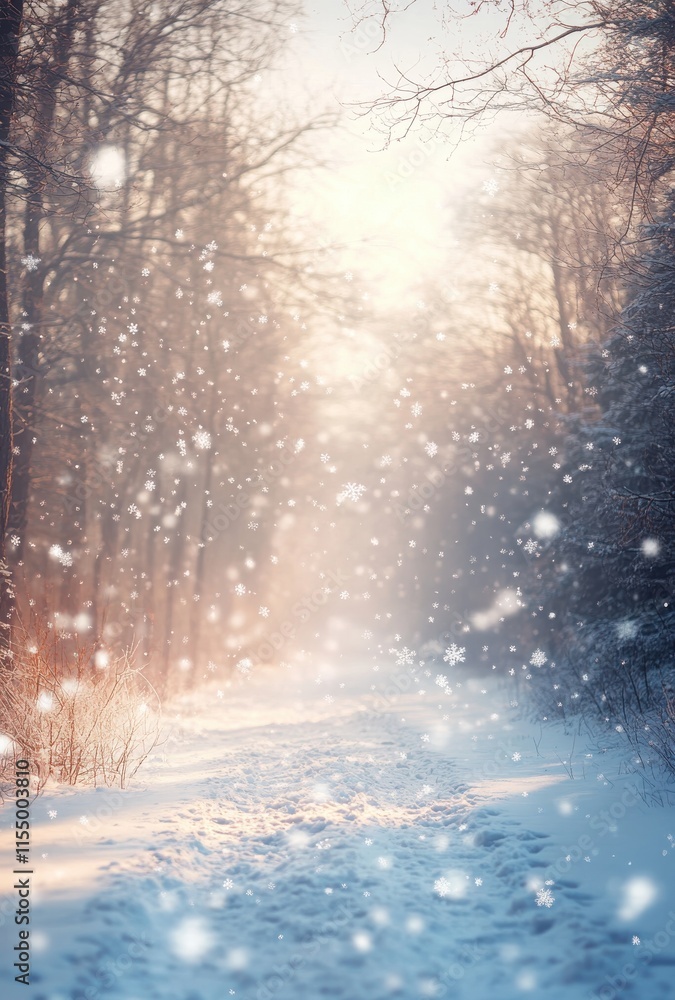 Poster serene winter forest landscape with gentle snowfall and soft light filtering through trees creating 